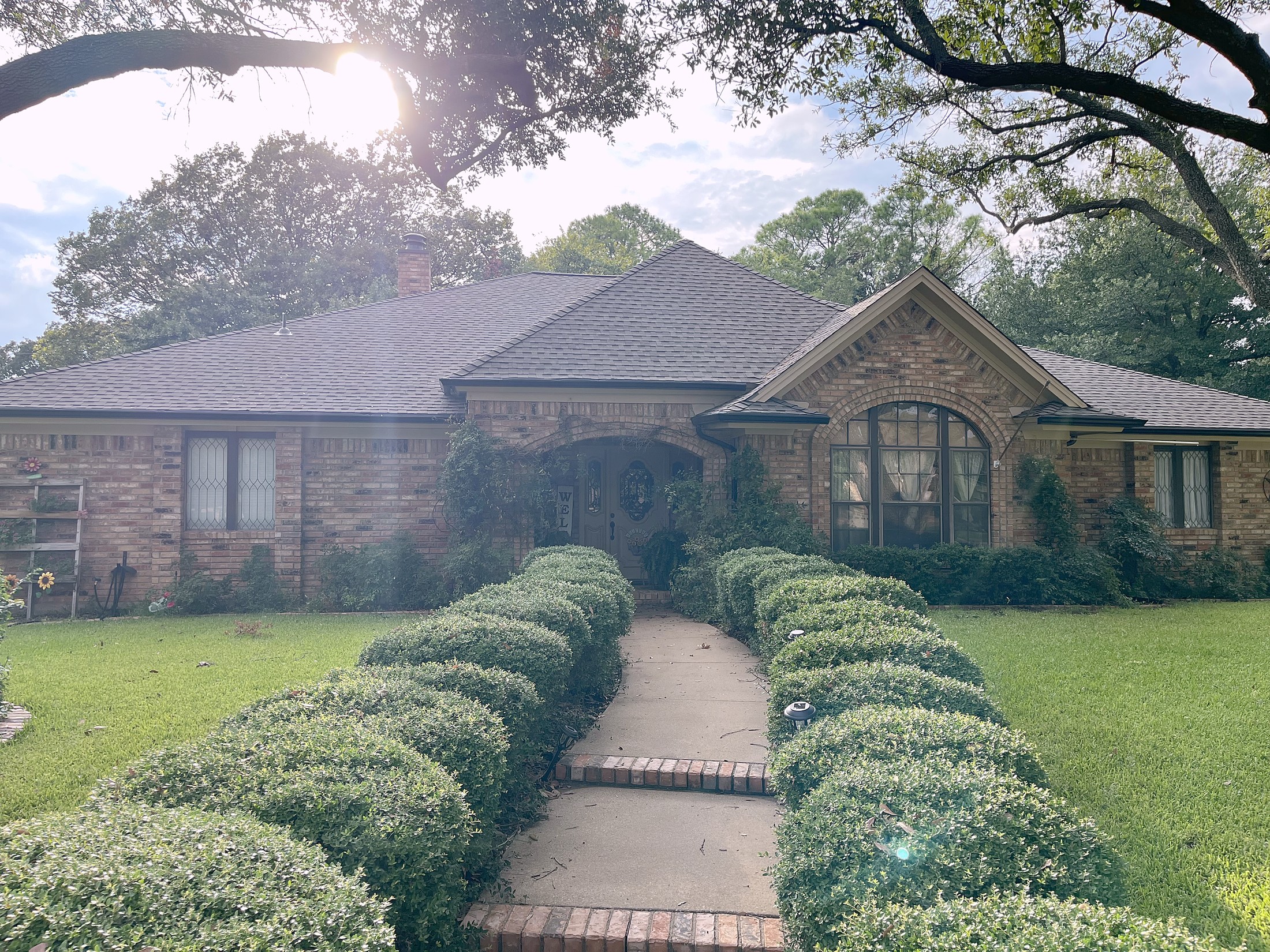 A brick home with a finished roof behind a hedged front walk